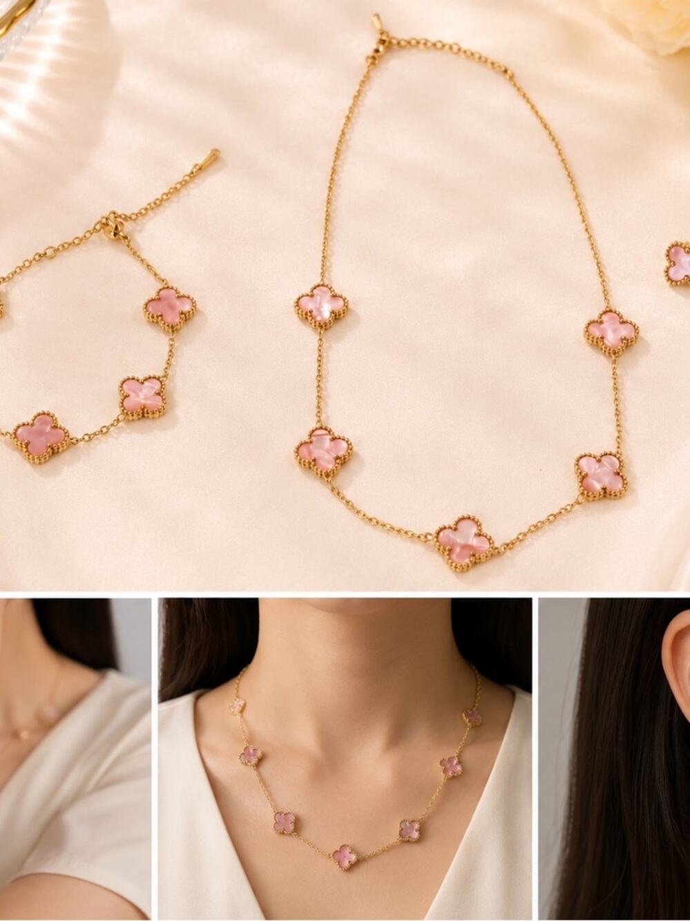 Gold plated stainless steel flower pink Clover Necklace Bracelet earring Set